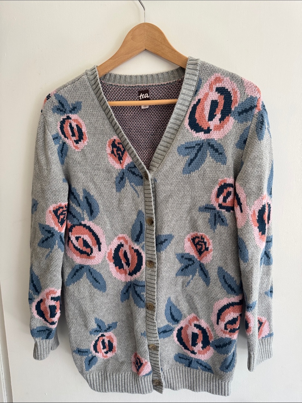 Tea Collection Gray Floral V-Neck Cardigan